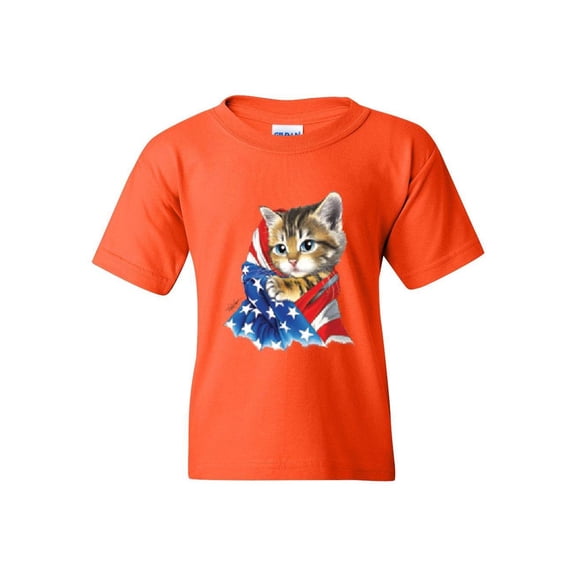 Big Girls T-Shirts and Tank Tops - American Flag 4th of July Kitty