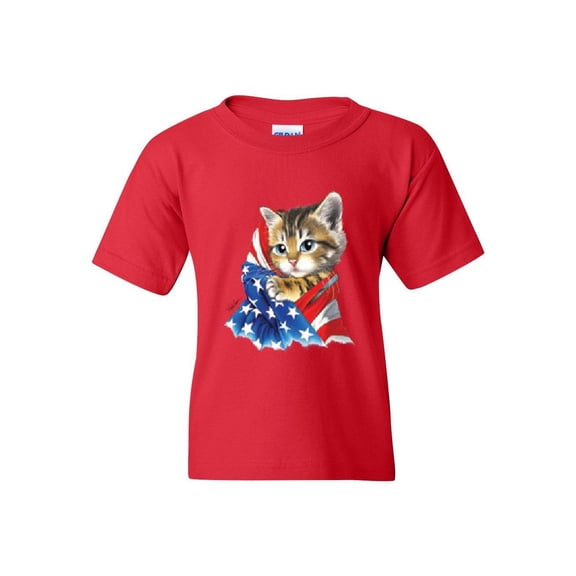 Big Girls T-Shirts and Tank Tops - American Flag 4th of July Kitty
