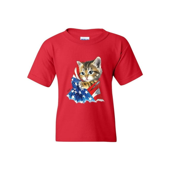Big Girls T-Shirts and Tank Tops - American Flag 4th of July Kitty