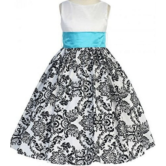 Big Girls' Taffeta Sashed Velvet Flocked Floral Print Easter Summer Flower Girl Dress Turquoise 10 (K29D2)