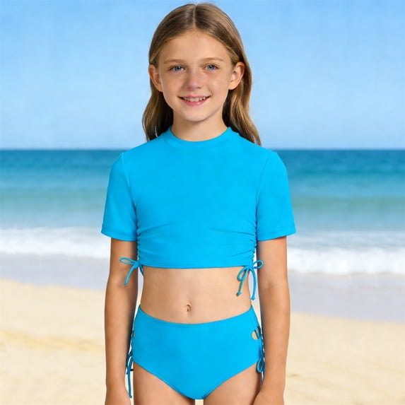 Big Girls Tankini Set Bathing Suit Solid Color Short Sleeve Swimsuit High Waist Print Two Piece With Briefs For Beach Pool