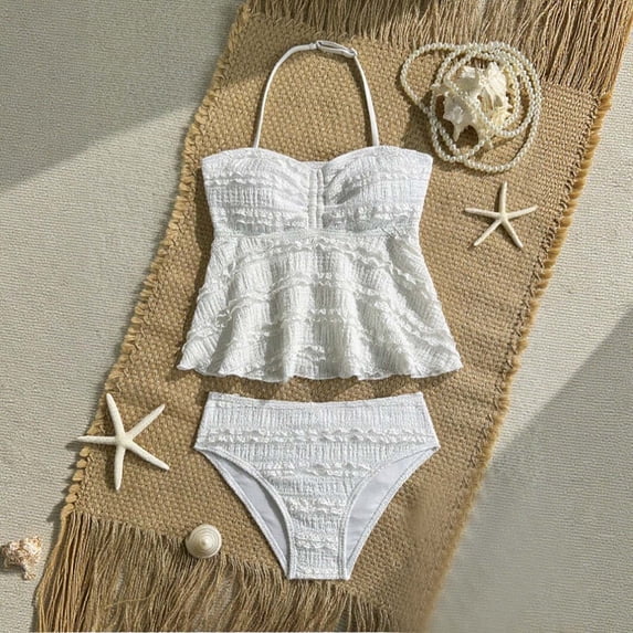 Big Girls Tankini Set Bathing Suit Solid Color Sleeveless Swimsuit High Elasticity Ribbed Textured Print Two Piece With Briefs For Beach Pool,White,Age 11-12 Years