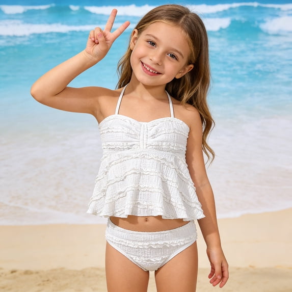 Big Girls Tankini Set Bathing Suit Solid Color Sleeveless Swimsuit High Elasticity Ribbed Textured Print Two Piece With Briefs For Beach Pool