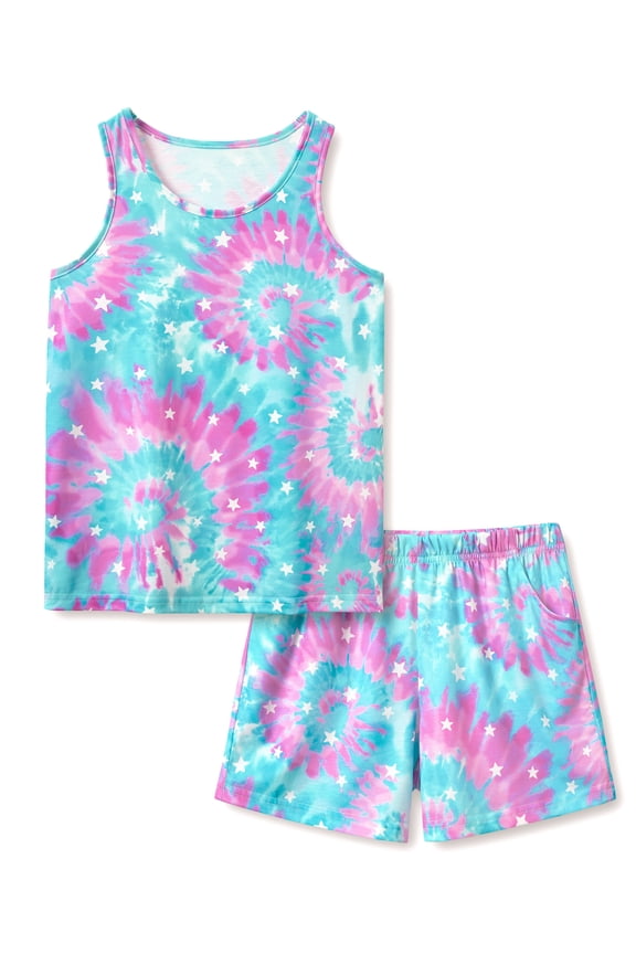 Big Girls Tie Dye Colorful Swirl White Stars Pajamas Tank Top & Shorts 2-Piece Clothes Set Cute Jammies Size 12