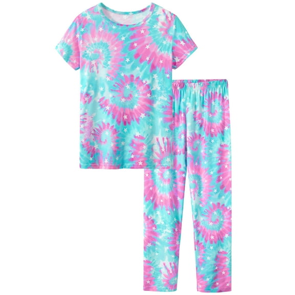 Big Girls Tie Dye Pajamas Tee & Pants 2-Piece Clothes Set Cute Jammies Size 10