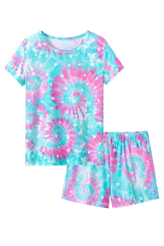 Big Girls Tie Dye Pajamas Tee & Shorts 2-Piece Clothes Set Cute Jammies Size 12