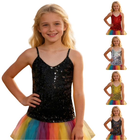 Big Girls Tops Sequin V-Neck Sequin Camisole Top Size 9-11T ,Black