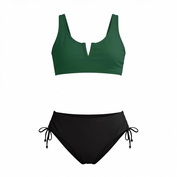 Big Girls Two Piece Bathing Suit V Neck Crop Top High Waist Bottom with Side Tie Swim Set for Pool 7-16Y