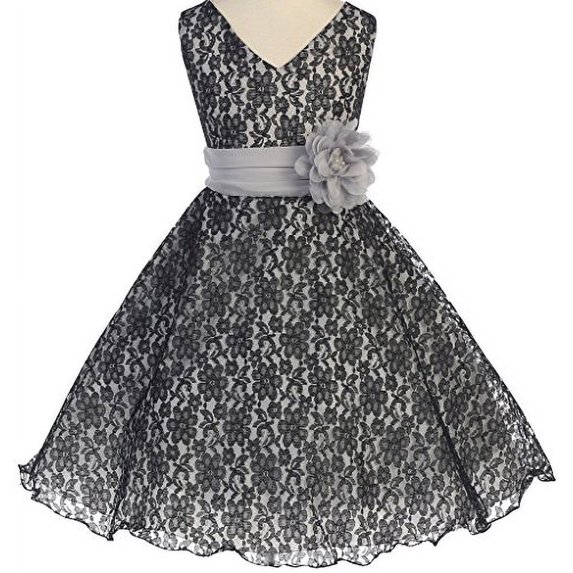 Big Girls' V Neck All Over Lace Chiffon Belt Flowers Girls Dresses Black 10