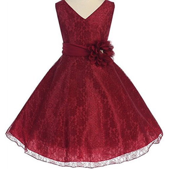 Big Girls' V Neck All Over Lace Chiffon Belt Flowers Girls Dresses Burgundy 16