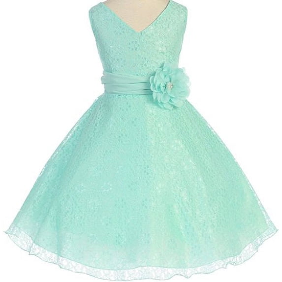 Big Girls' V Neck All Over Lace Chiffon Belt Flowers Girls Dresses Mint 16