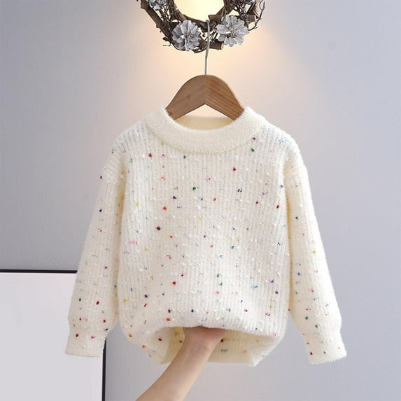 Big Girls White Knitted Cotton Sweater, Crew Neck Loose Fit, 7 Years Size, Machine Washable Durable, Spring Fall Layering for School & Daily Play