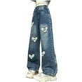 thumbnail image 1 of Big Girls Wide Leg Jeans Heart Embroidery Elastic High Waist Denim Baggy Pants Vintage Streetwear Teen Clothes Blue 130, 1 of 7