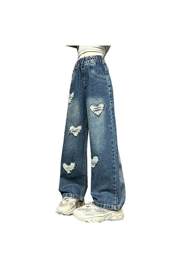Big Girls Wide Leg Jeans Heart Embroidery Elastic High Waist Denim Baggy Pants Vintage Streetwear Teen Clothes Blue 130