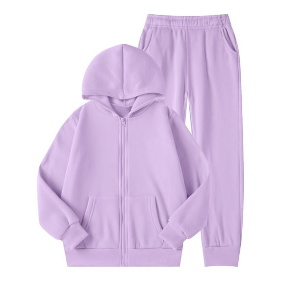 Big Girls Winter Outfits Lined Hoodie Pants Set Kids Warm Pullover Tracksuit Casual Clothes Light Purple Size 12T