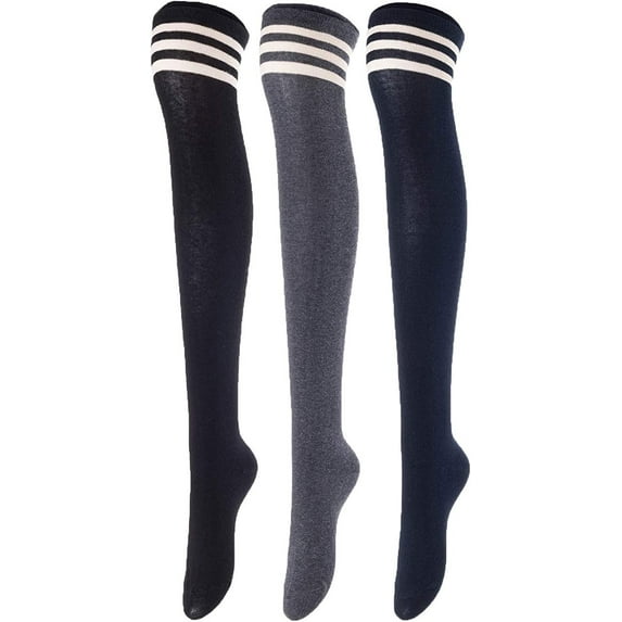 Big Girls Women's 3 Pairs Fancy Design, Thigh High Cotton Boot Socks Size 6-9 Black, Dark Grey, Navy