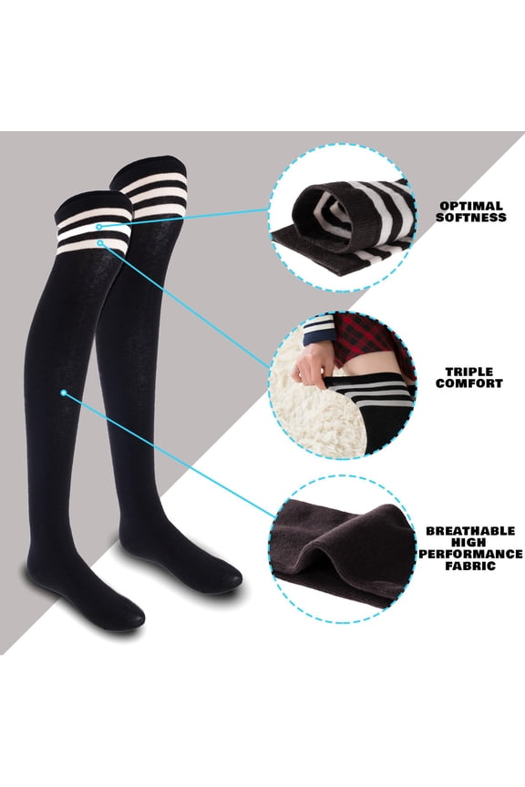 Big Girls Women's 3 Pairs Thigh High Cotton Boot SocksFancy Design, Colors Size 6-9 Black
