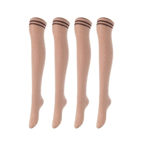 Lovely Annie Big Girl's Women's 4 Pairs Remarkable, Colorful & Fancy Thigh High Cotton Socks JBG1023 Size 2-6Beige 4p1c4