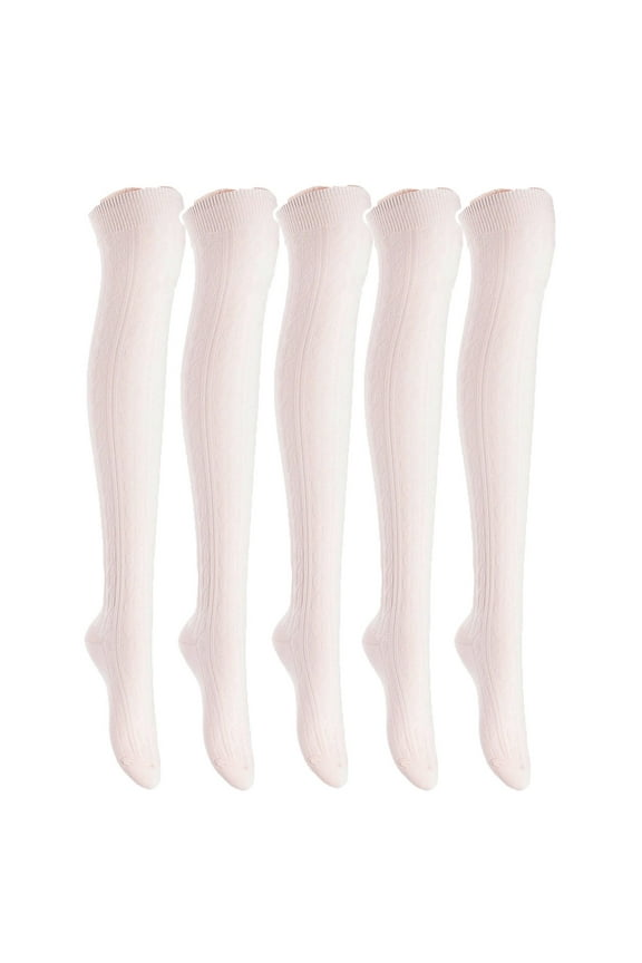 Big Girls Women's 5 Pairs Thigh High Cotton Boot SocksFancy Design, Colors Size 6-9 Beige