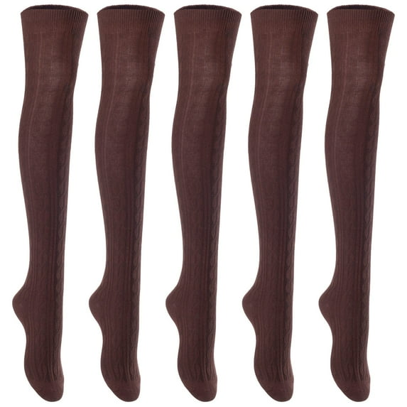 Big Girls Women's 5 Pairs Thigh High Cotton Boot SocksFancy Design, Colors Size 6-9 Coffee