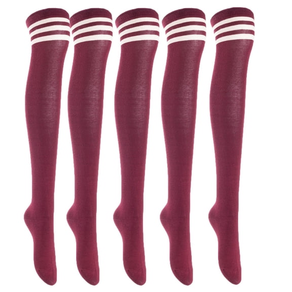 Big Girls Women's 5 Pairs Thigh High Cotton Boot SocksFancy Design, Colors Size 6-9 Wine
