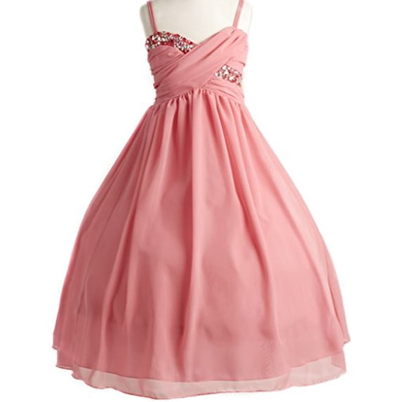 Big Girls' Wrapped Crystal Ruched Chiffon Gown Flowers Girls Dresses Coral 20