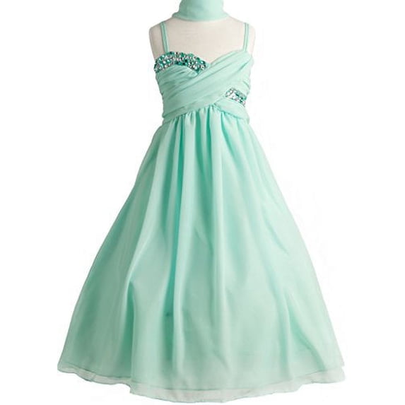 Big Girls' Wrapped Crystal Ruched Chiffon Gown Flowers Girls Dresses Mint 12