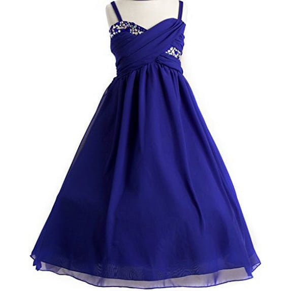 Big Girls' Wrapped Crystal Ruched Chiffon Gown Flowers Girls Dresses Royal 10