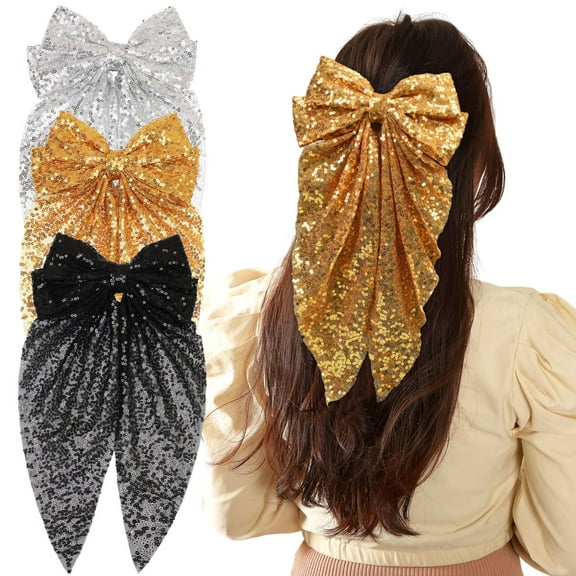 Big Glitter Layered Hair Bows for Women Girls Barrette Hair Clip Sparkly Large Long Bows Style Hair Accessories