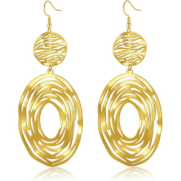 Big Gold Dangle Earrings, Hollow Out Boho Earrings for Women, Long Dangling Bohemian Earrings, Handmade Trendy Geometric Fish Hook Statement Earrings