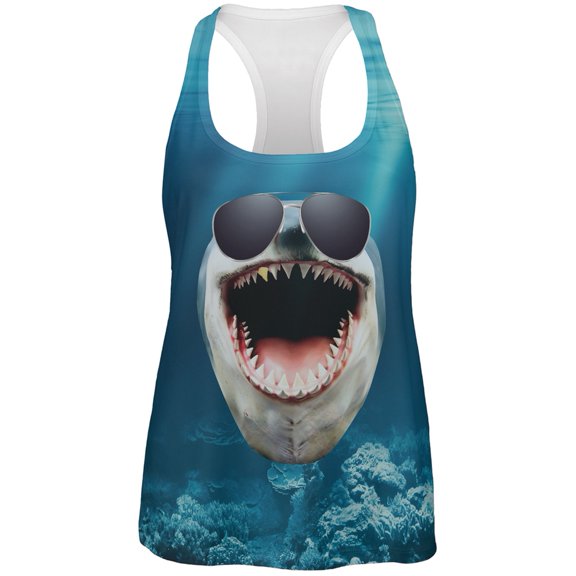 Big Goofy Shark Face All Over Womens Work Out Tank Top - Large
