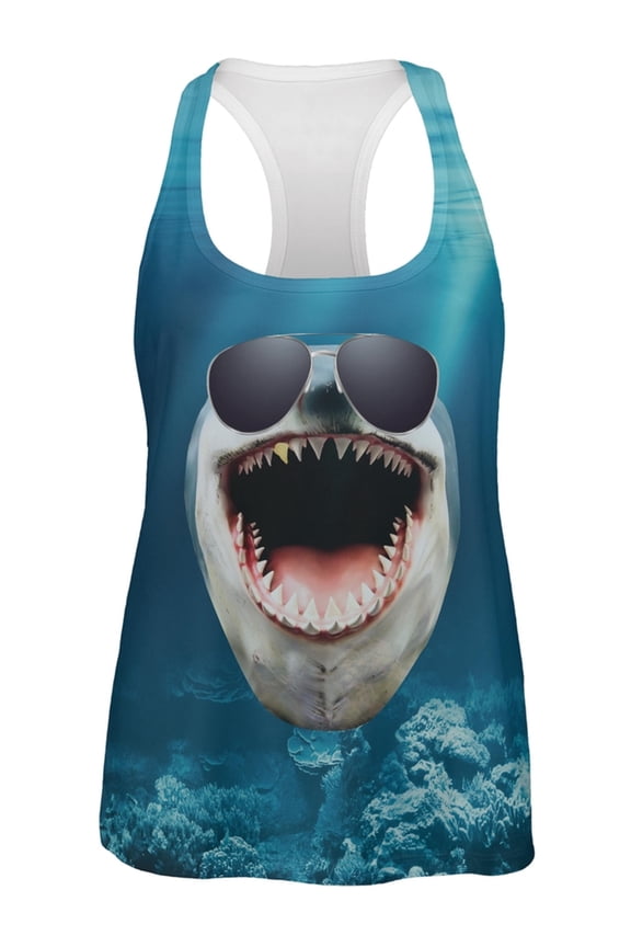 Big Goofy Shark Face All Over Womens Work Out Tank Top - Medium