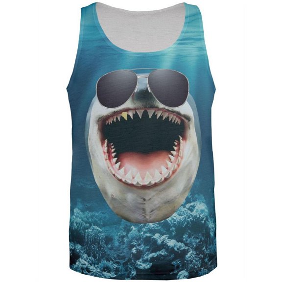 Big Goofy Shark Head All Over Adult Tank Top - Large