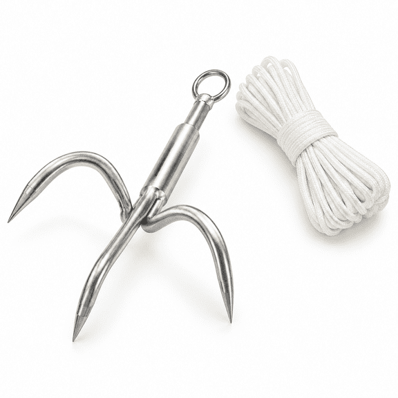 Big Grappling Hook Stainless Steel 3-Claw Fishing Gaff with 50 FT Rope