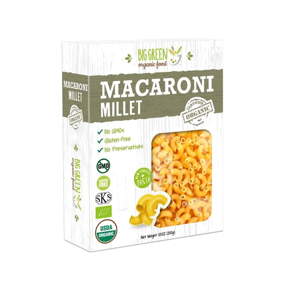 Big Green Organic Food- Organic Millet Macaroni, 8.8 oz (3 Packs)