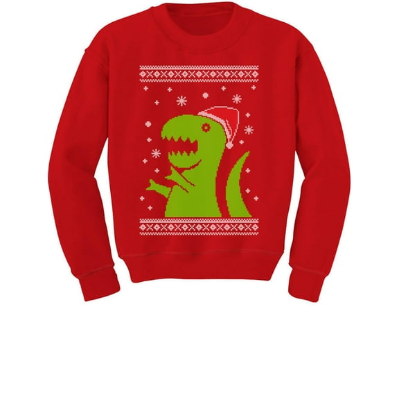 Big Green Trex Santa Ugly Christmas Sweater - Funny Youth Kids Sweatshirt Medium Red