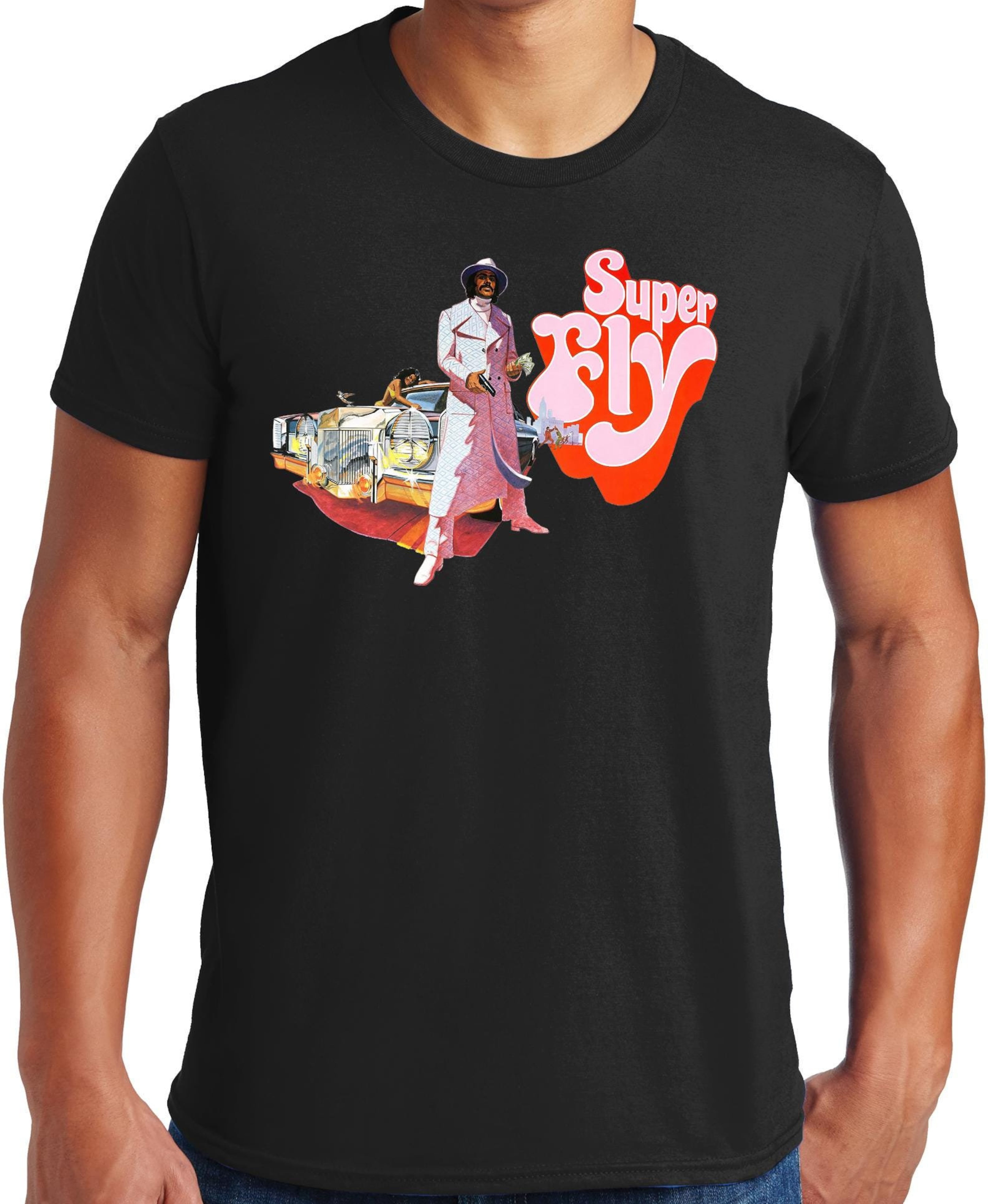 T-shirt Super Fly - Style Rétro Film, Coupe Classique En Coton Hanes, Manches Courtes, Couleur Blanc