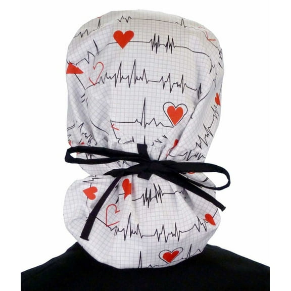 Big Hair Bouffant White Heart Beat EKG Scrub Cap