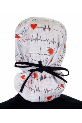 Big Hair Bouffant White Heart Beat EKG Scrub Cap