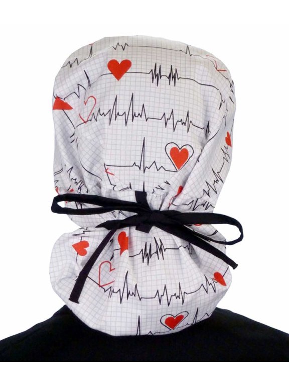 Big Hair Bouffant White Heart Beat EKG Scrub Cap