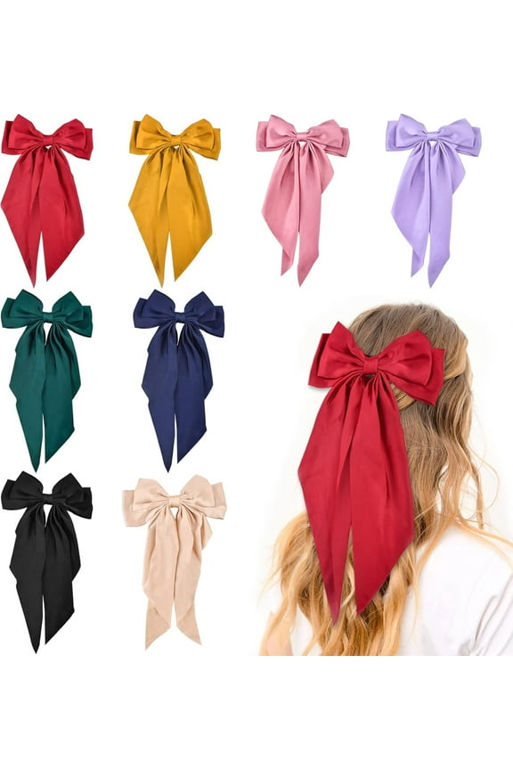 Big Hair Bows for Women, 8Pcs Big Hair Ribbon with Long Tail, Long Silky Satin Hair Clip for Girls, Colorful French Style Barrettes Large Hair Accessories, Cute Gifts for Little Girl Womens