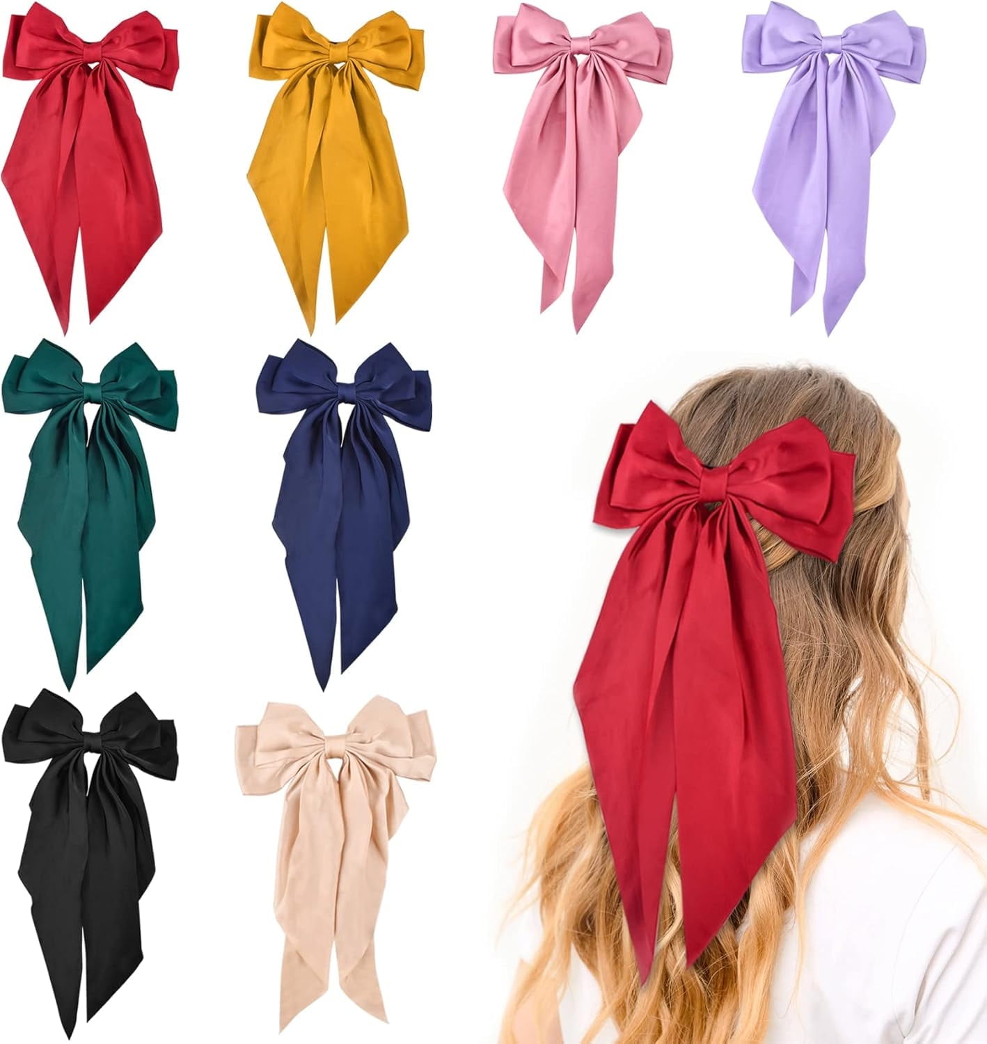 Big Hair Bows for Women, 8Pcs Big Hair Ribbon with Long Tail, Long Silky Satin Hair Clip for Girls, Colorful French Style Barrettes Large Hair Accessories, Cute Gifts for Little Girl Womens