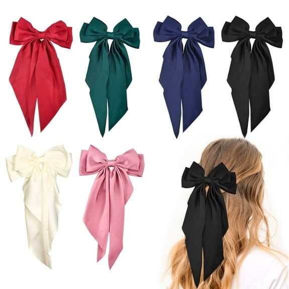 Big Hair Bows for Women, 6pcs Silky Satin Bow Hair Clips with Long Tail, French Style Bows for Hair