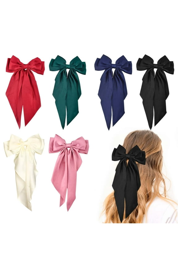Big Hair Bows for Women, 6pcs Silky Satin Bow Hair Clips with Long Tail, French Style Bows for Hair