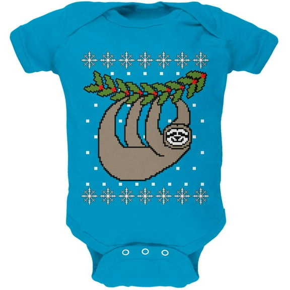 Big Hanging Sloth Ugly Christmas Sweater Soft Baby One Piece Turquoise 9-12 M