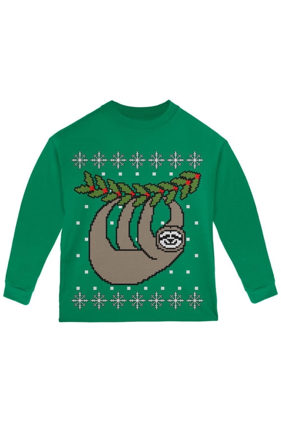 Big Hanging Sloth Ugly Christmas Sweater Toddler Long Sleeve T Shirt Green 2T