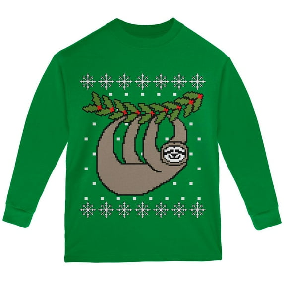 Big Hanging Sloth Ugly Christmas Sweater Youth Long Sleeve T Shirt Green YXL