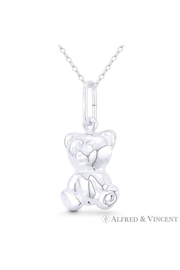 Big-Head Teddy Bear & Heart Charm 3D Pendant & Chain Necklace in .925 Sterling Silver