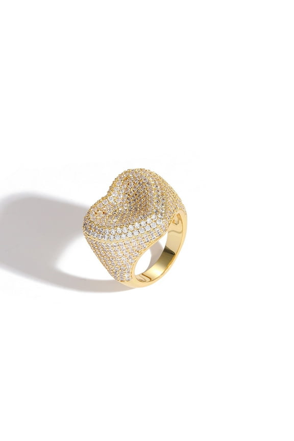Big Heart 14K Yellow Gold Ring Full Micro Paved Iced Out Bling Cubic Zirconia HipHop Ring Delicate Punk Jewelry For Men And Women
