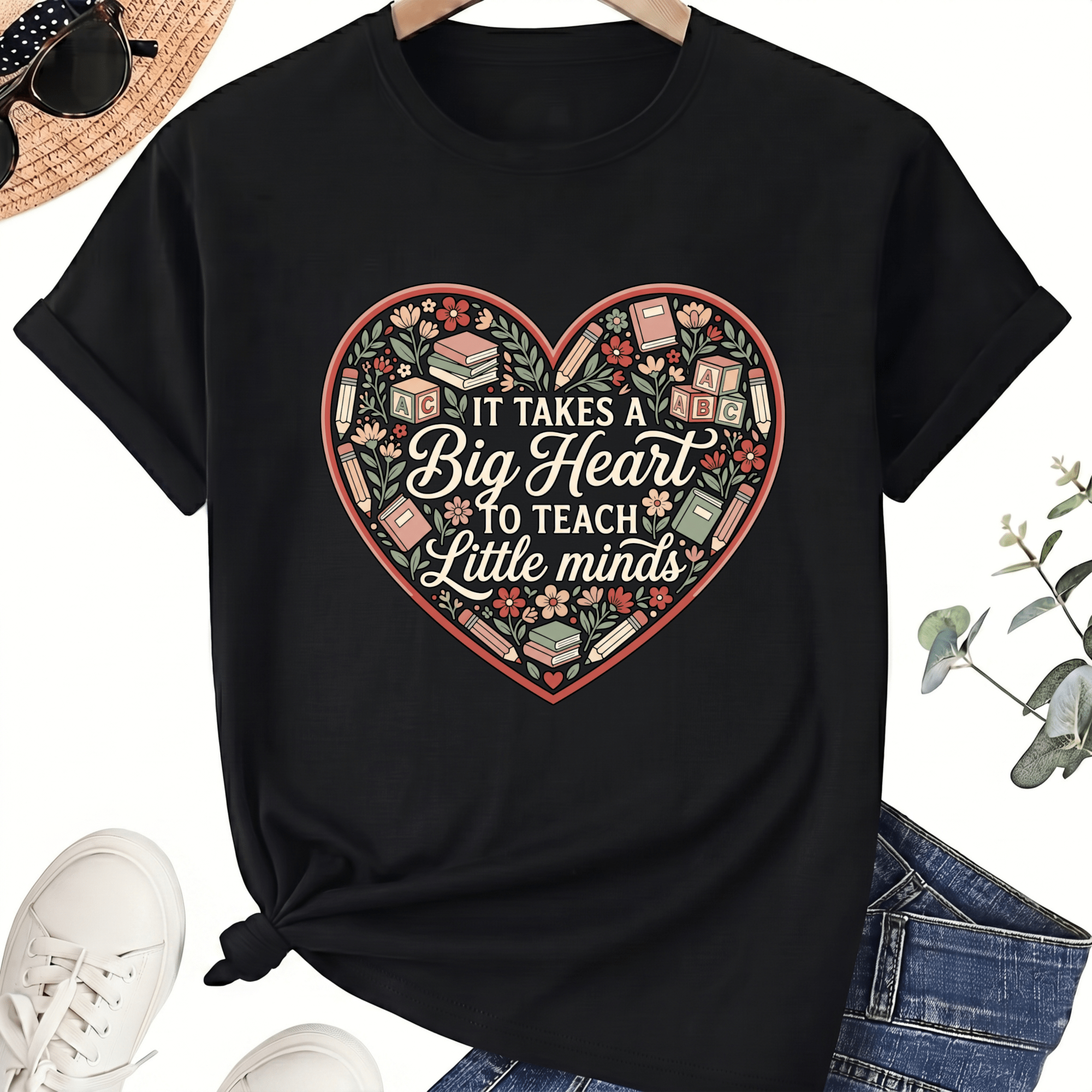 Big Heart Classroom Preschool Teacher T-Shirt for Women, 100% Cotton Crew Neck Short Sleeve Shirt, Floral ABC Graphic